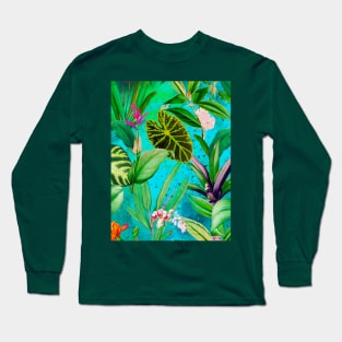 Stylish Tropical floral leaves and foliage botanical illustration, botanical pattern, tropical plants, aqua blue leaves pattern over a Long Sleeve T-Shirt